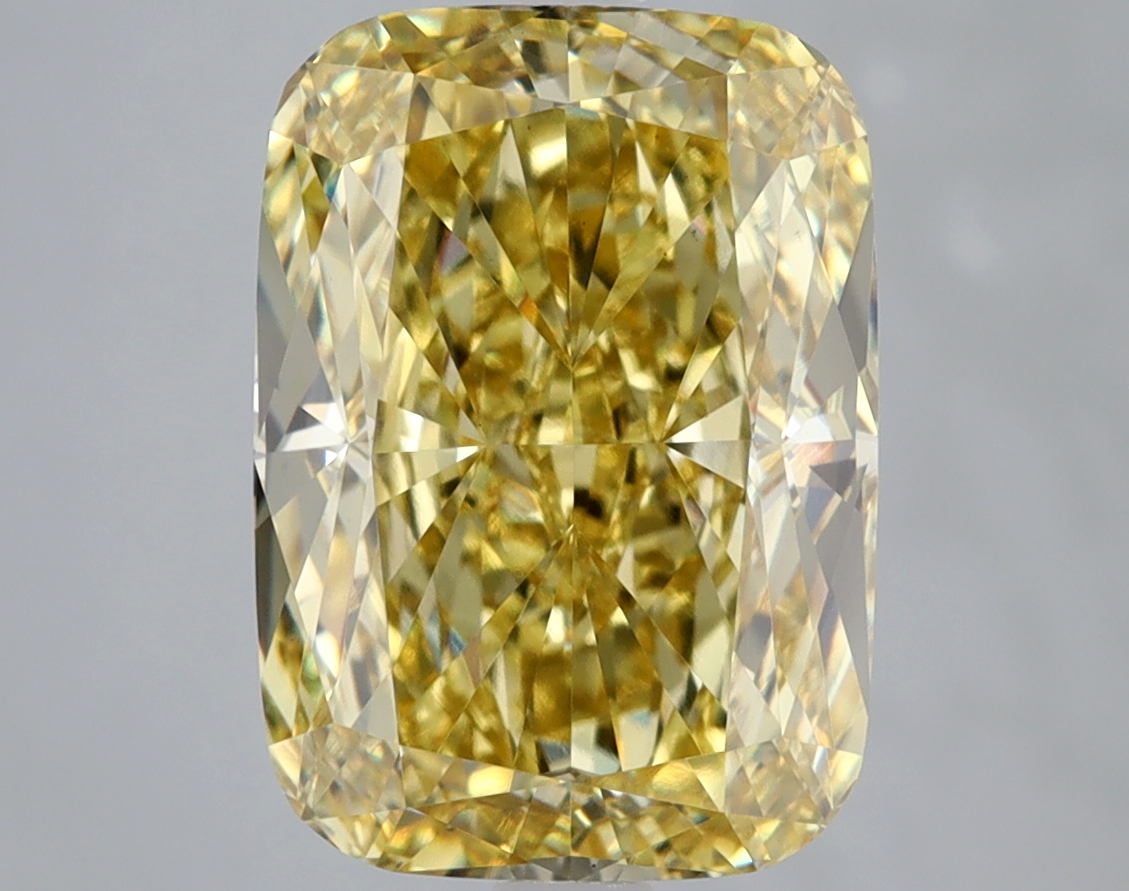 Actual 5.02 carat Fancy Intense Yellow Cushion lab-grown diamond